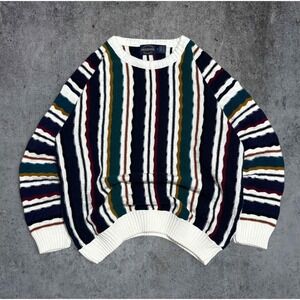 Vintage 1990s Weekends Sweater Mens XL Blue Burgundy Gold Striped Knit Pullover